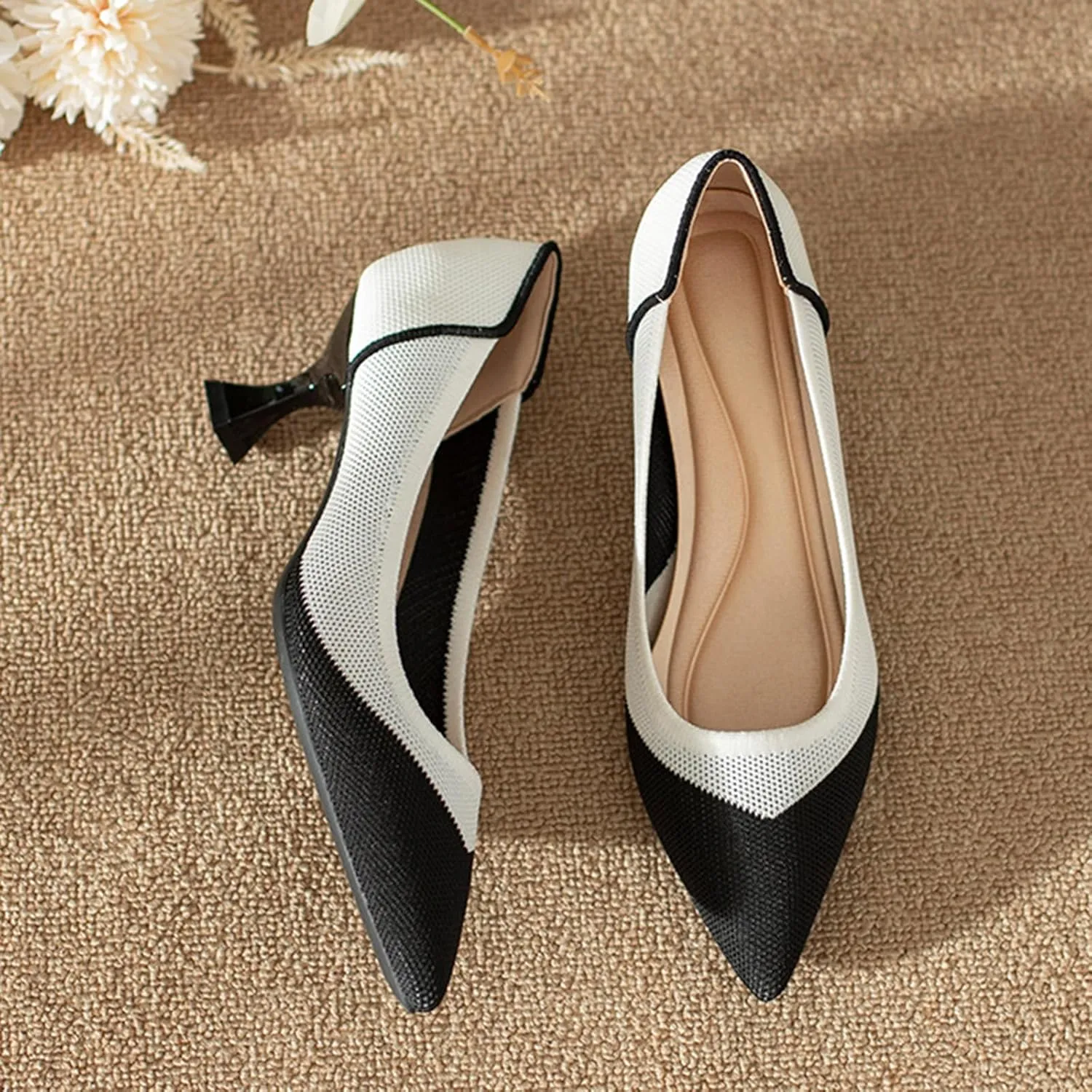 Women's Knitted Punching Kitten Heels Pumps,Closed Pointed Toe Slip on Foldable Comfortable Casual Formal Dress Shoes,for Business Office Work Low Heel Shoes