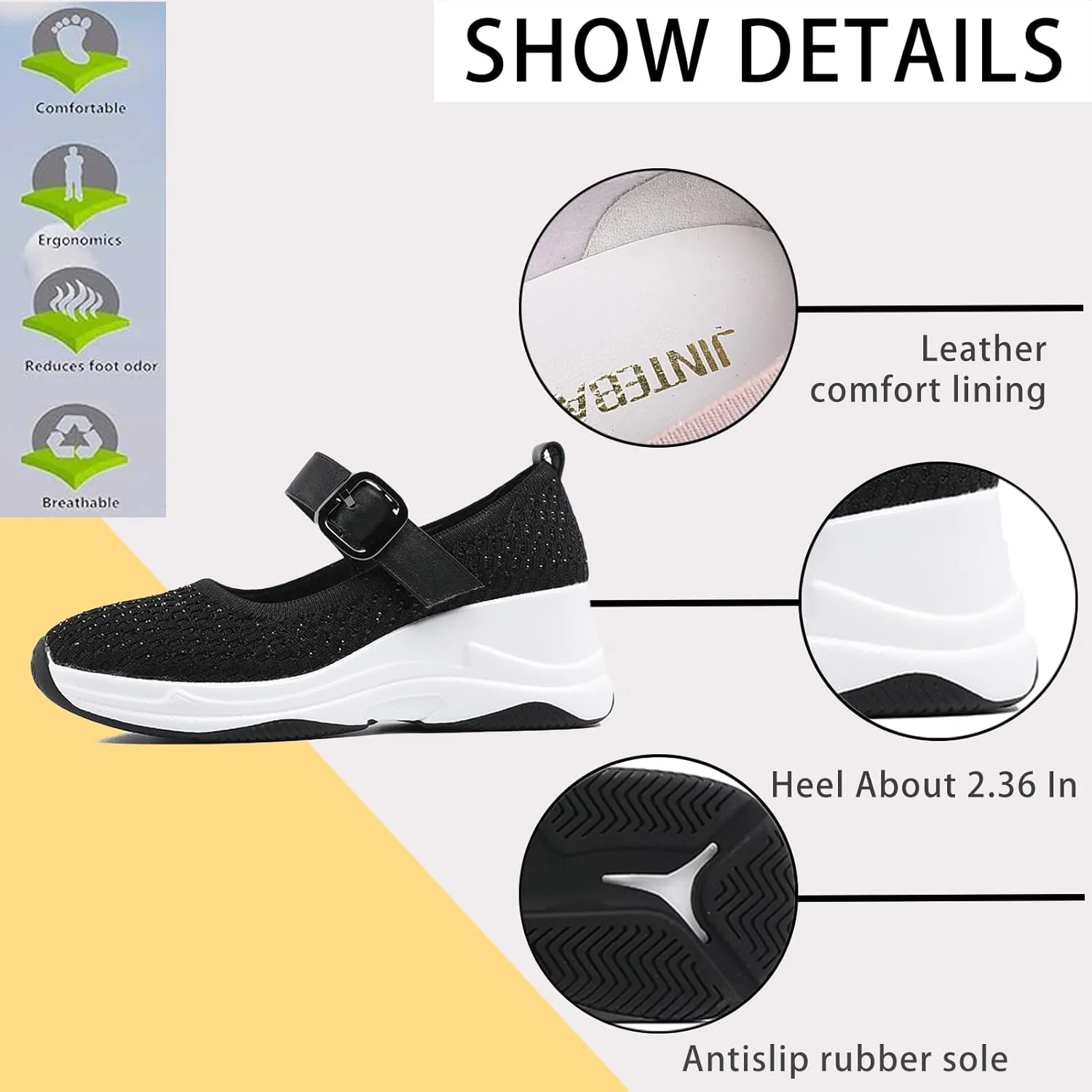 Women's Knitting Rhinestones Wedge Orthopedic Mary Jane Walking Shoes Comfor Breathable Slip-On Adjustable Hook Loop Platform Non-Slip Increase Height Casual Walking Shoes