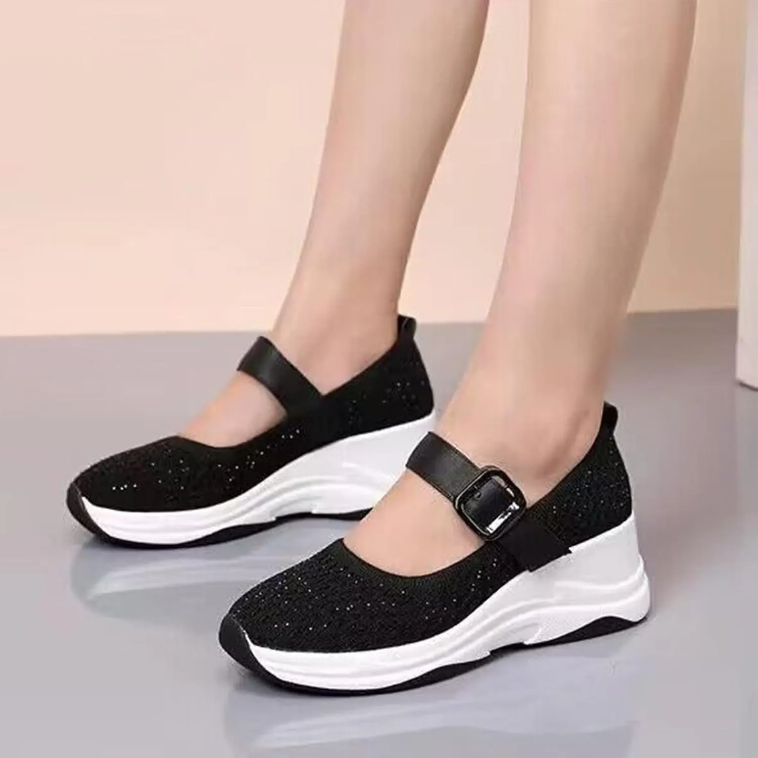 Women's Knitting Rhinestones Wedge Orthopedic Mary Jane Walking Shoes Comfor Breathable Slip-On Adjustable Hook Loop Platform Non-Slip Increase Height Casual Walking Shoes