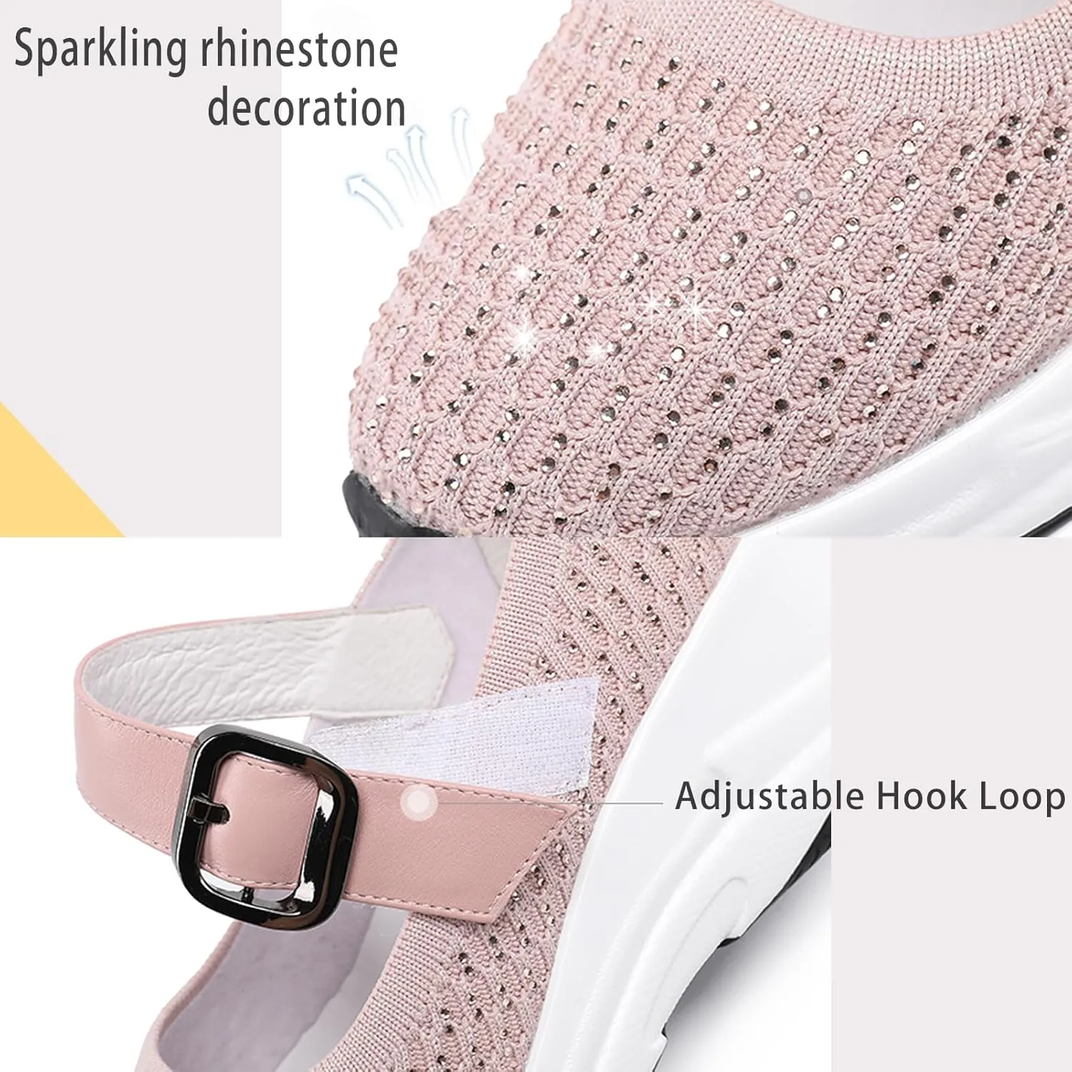 Women's Knitting Rhinestones Wedge Orthopedic Mary Jane Walking Shoes Comfor Breathable Slip-On Adjustable Hook Loop Platform Non-Slip Increase Height Casual Walking Shoes