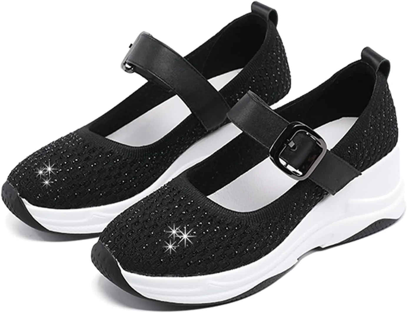 Women's Knitting Rhinestones Wedge Orthopedic Mary Jane Walking Shoes Comfor Breathable Slip-On Adjustable Hook Loop Platform Non-Slip Increase Height Casual Walking Shoes