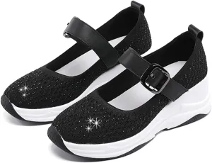 Women's Knitting Rhinestones Wedge Orthopedic Mary Jane Walking Shoes Comfor Breathable Slip-On Adjustable Hook Loop Platform Non-Slip Increase Height Casual Walking Shoes