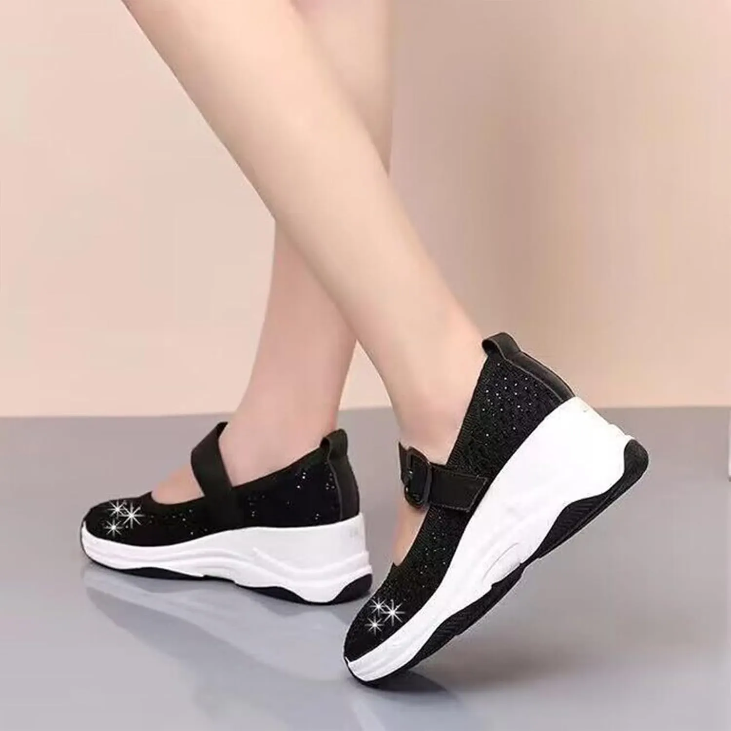 Women's Knitting Rhinestones Wedge Orthopedic Mary Jane Walking Shoes Comfor Breathable Slip-On Adjustable Hook Loop Platform Non-Slip Increase Height Casual Walking Shoes