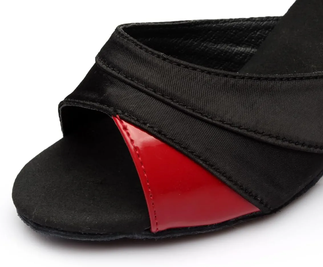 Women's Latin Salsa Dance Shoes,Black Satin Ballroom Heels,Cross-Strap Professional Practicing Shoes