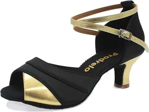Women's Latin Salsa Dance Shoes,Black Satin Ballroom Heels,Cross-Strap Professional Practicing Shoes