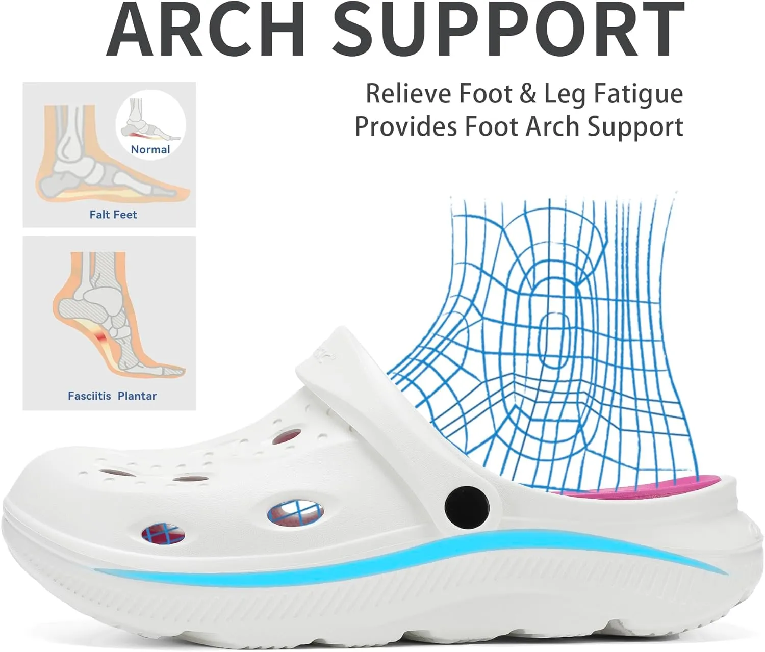 Womens Mens Arch Support Clogs Slip-on Garden Shoes Cushion Plantar Fasciitis Sandals Non-Slip Beach Slippers with Removable Insoles Outdoor Indoor
