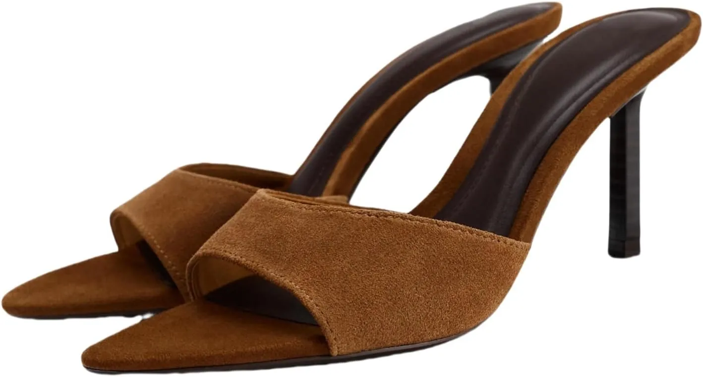 Women's Open Pointed Toe Kitten Heels Mules Suede Leather High Heel Sandals Backless Slip On Stiletto Heels Sandals Dress Party Shoes