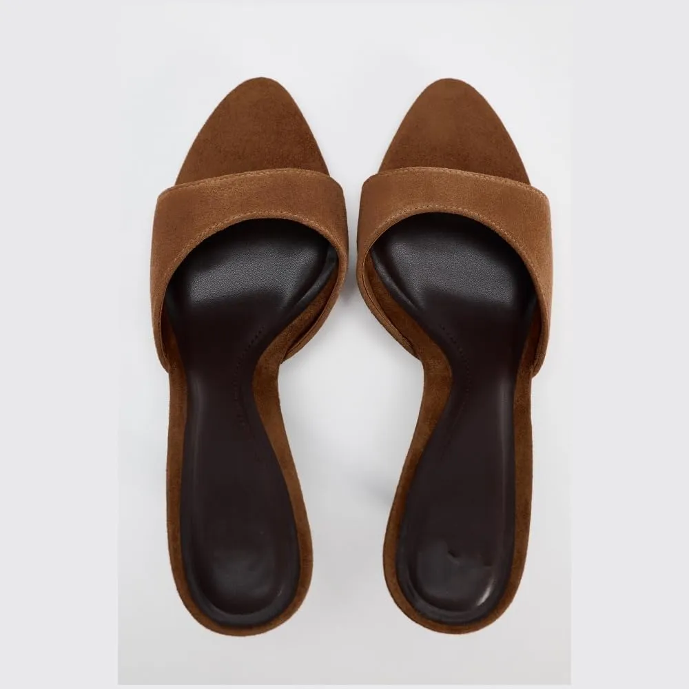 Women's Open Pointed Toe Kitten Heels Mules Suede Leather High Heel Sandals Backless Slip On Stiletto Heels Sandals Dress Party Shoes