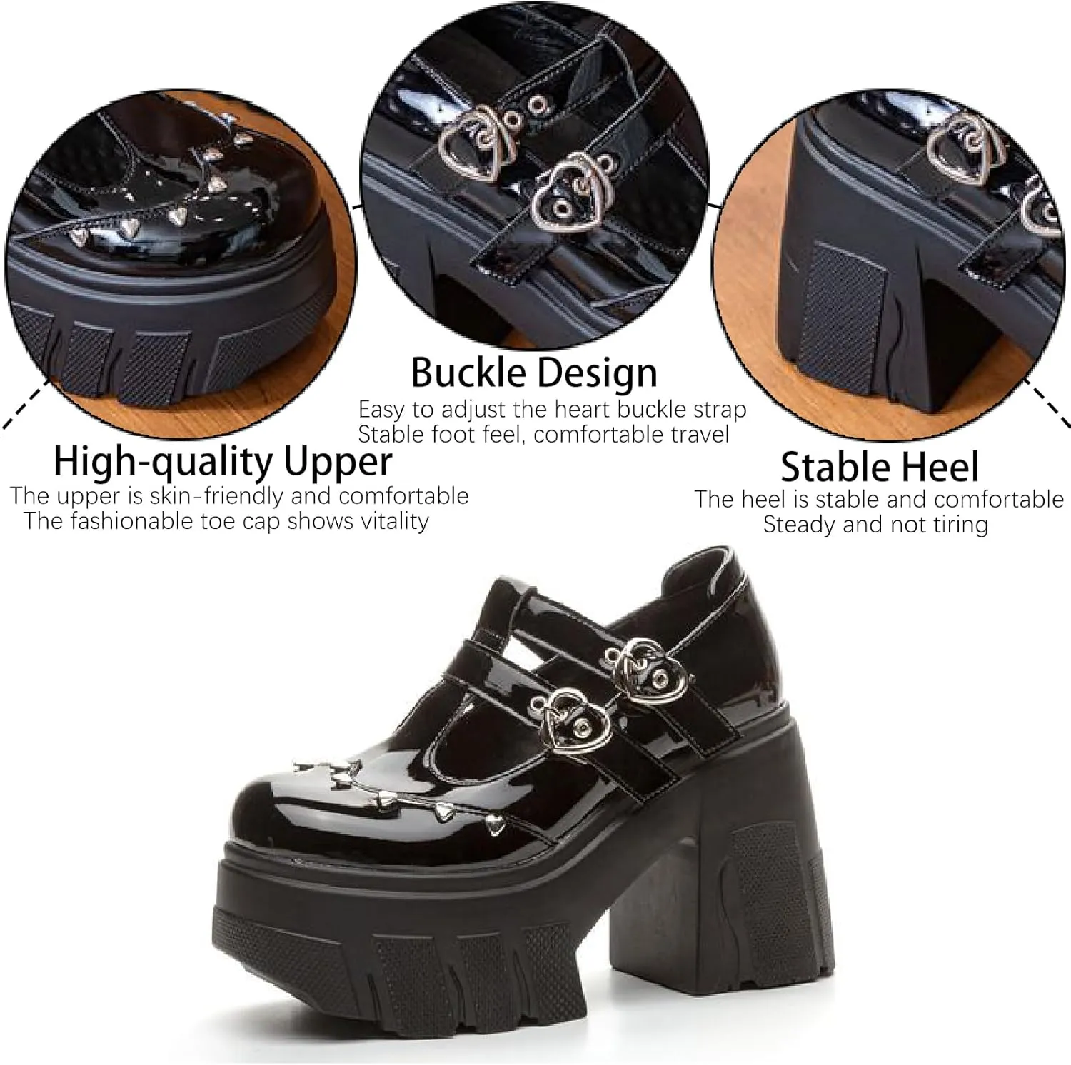 Women's Patent Leather Platform Mary Janes Pumps with Adjust Love Buckle Strap Fashion Comfort Round Toe Chunky High Heels Uniform Lolita Dress Shoes for Party Prom Date Wedding