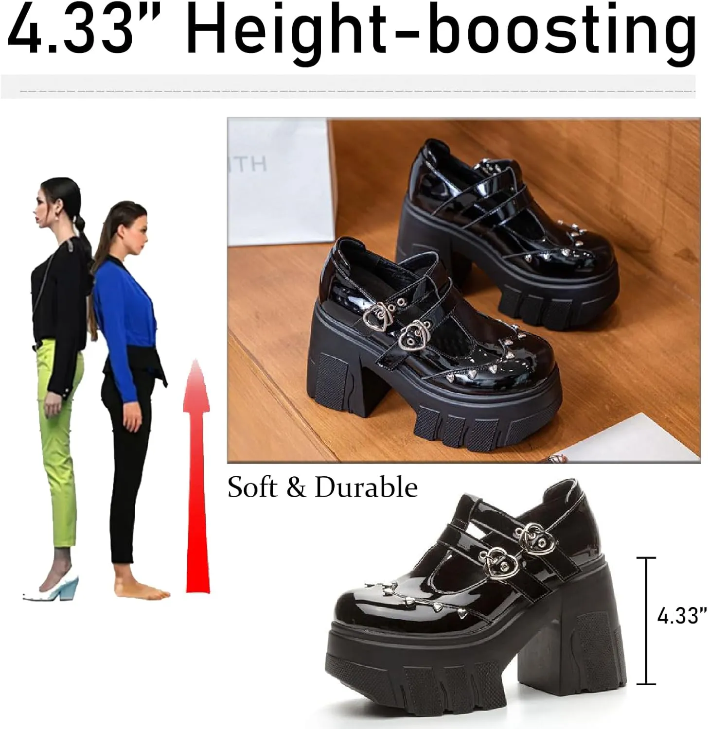 Women's Patent Leather Platform Mary Janes Pumps with Adjust Love Buckle Strap Fashion Comfort Round Toe Chunky High Heels Uniform Lolita Dress Shoes for Party Prom Date Wedding