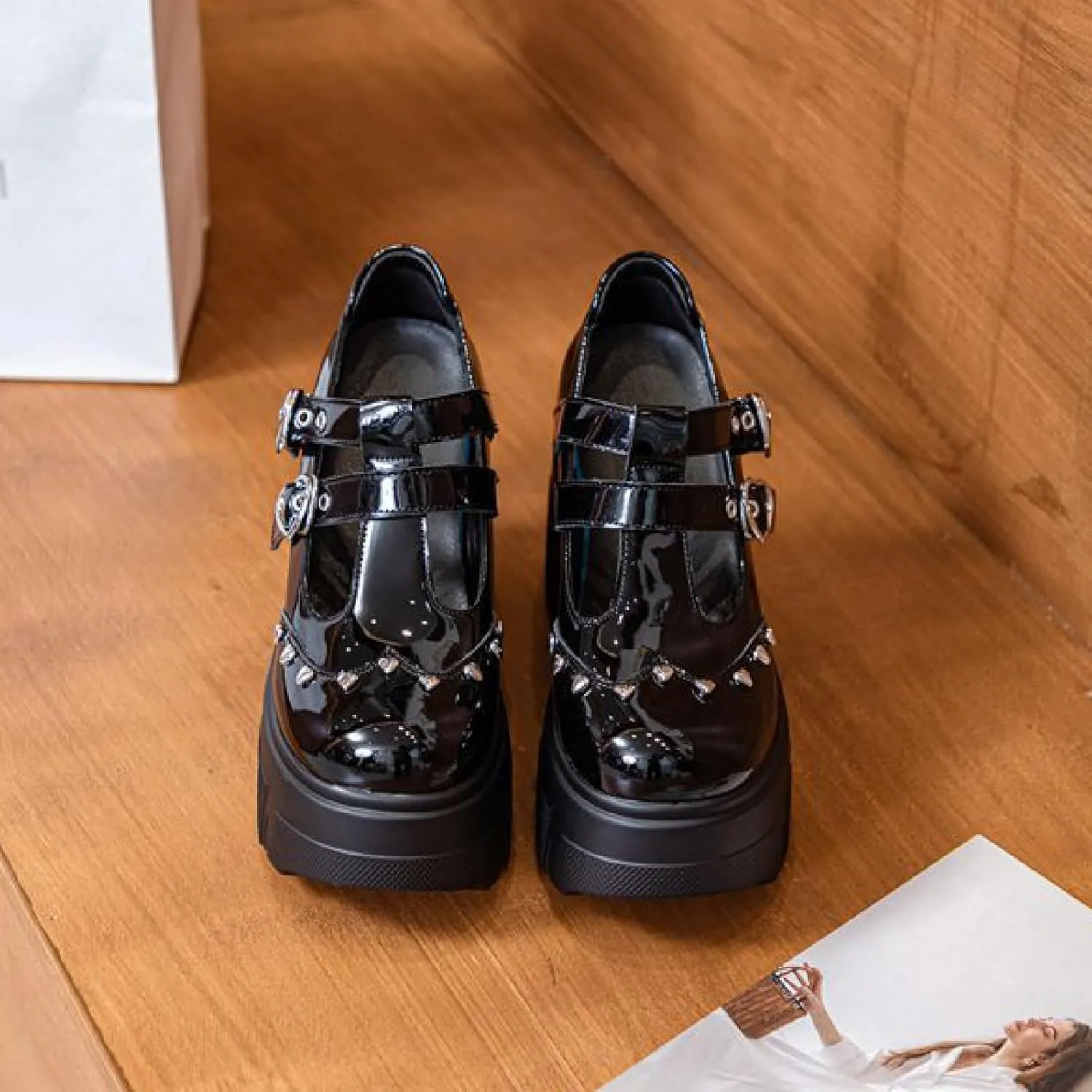 Women's Patent Leather Platform Mary Janes Pumps with Adjust Love Buckle Strap Fashion Comfort Round Toe Chunky High Heels Uniform Lolita Dress Shoes for Party Prom Date Wedding