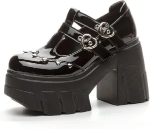Women's Patent Leather Platform Mary Janes Pumps with Adjust Love Buckle Strap Fashion Comfort Round Toe Chunky High Heels Uniform Lolita Dress Shoes for Party Prom Date Wedding