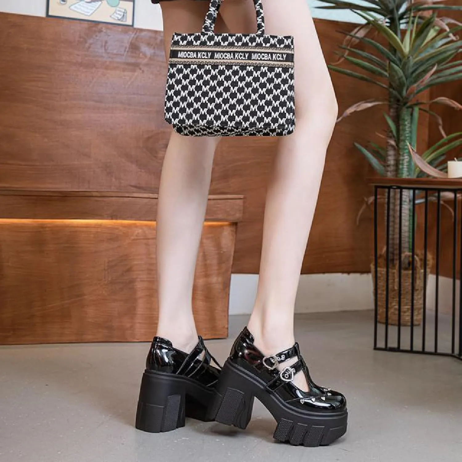 Women's Patent Leather Platform Mary Janes Pumps with Adjust Love Buckle Strap Fashion Comfort Round Toe Chunky High Heels Uniform Lolita Dress Shoes for Party Prom Date Wedding