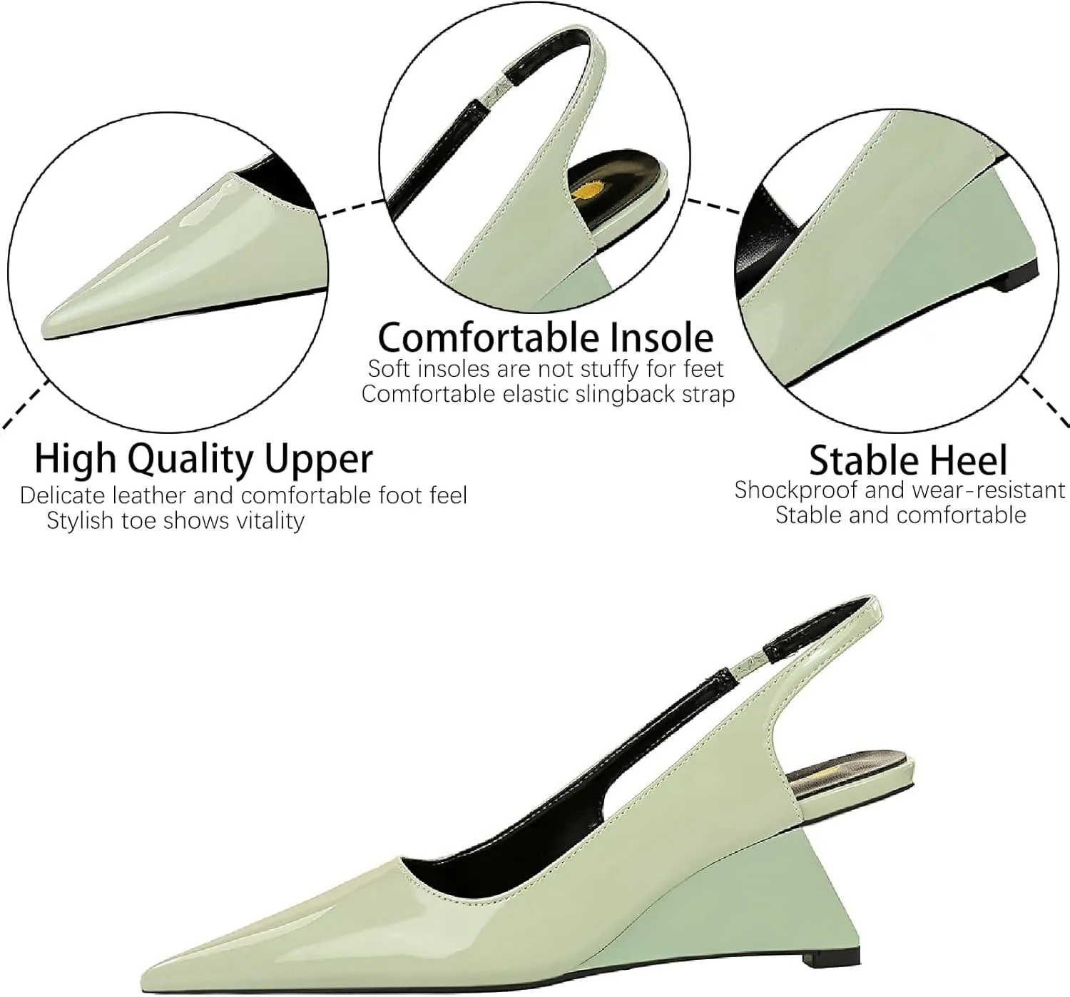 Women's Patent Leather Slingback Wedge Pumps Fashion Closed Pointed Toe Slip-on Elegant High Heels for Party Date Wedding Dressy Shoes