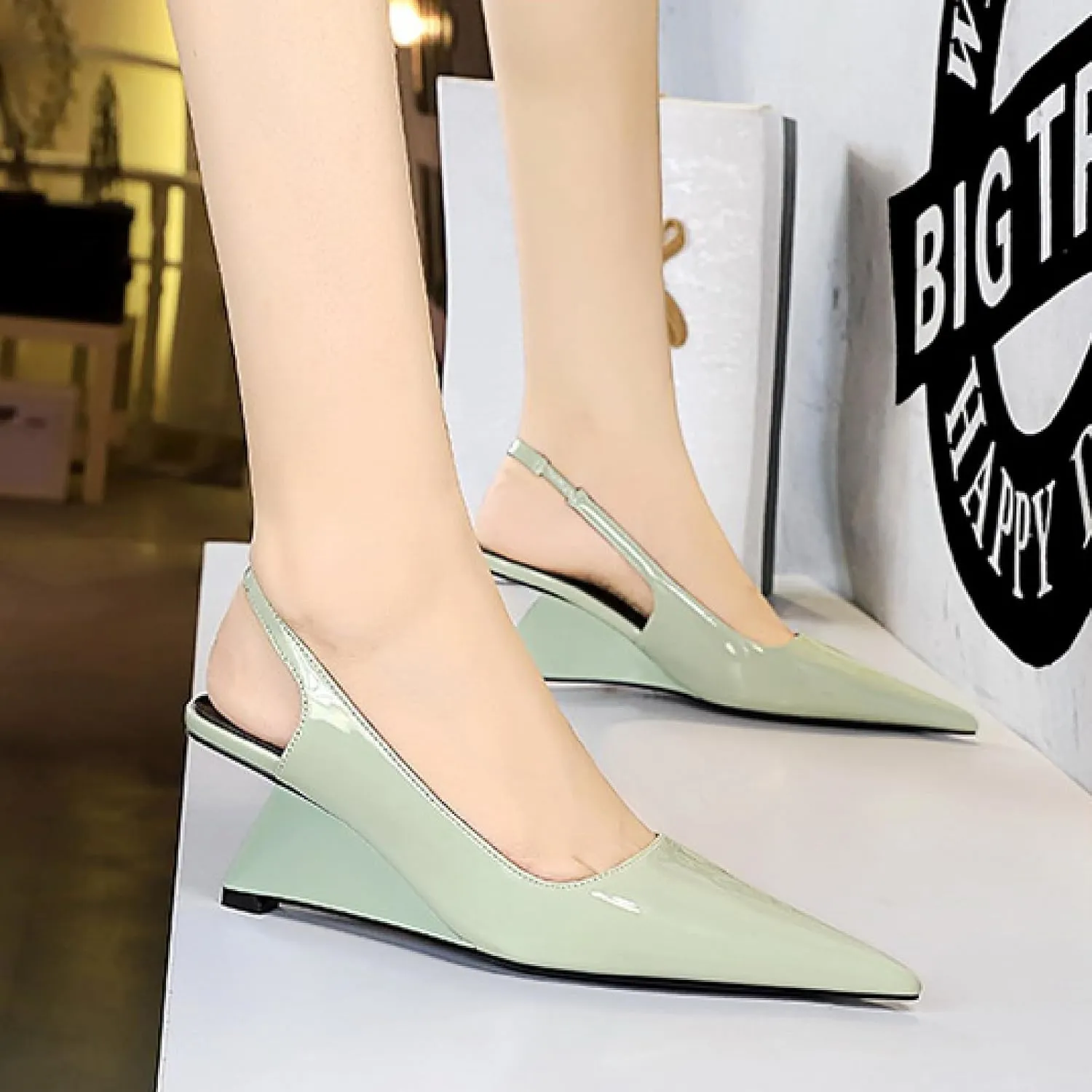 Women's Patent Leather Slingback Wedge Pumps Fashion Closed Pointed Toe Slip-on Elegant High Heels for Party Date Wedding Dressy Shoes