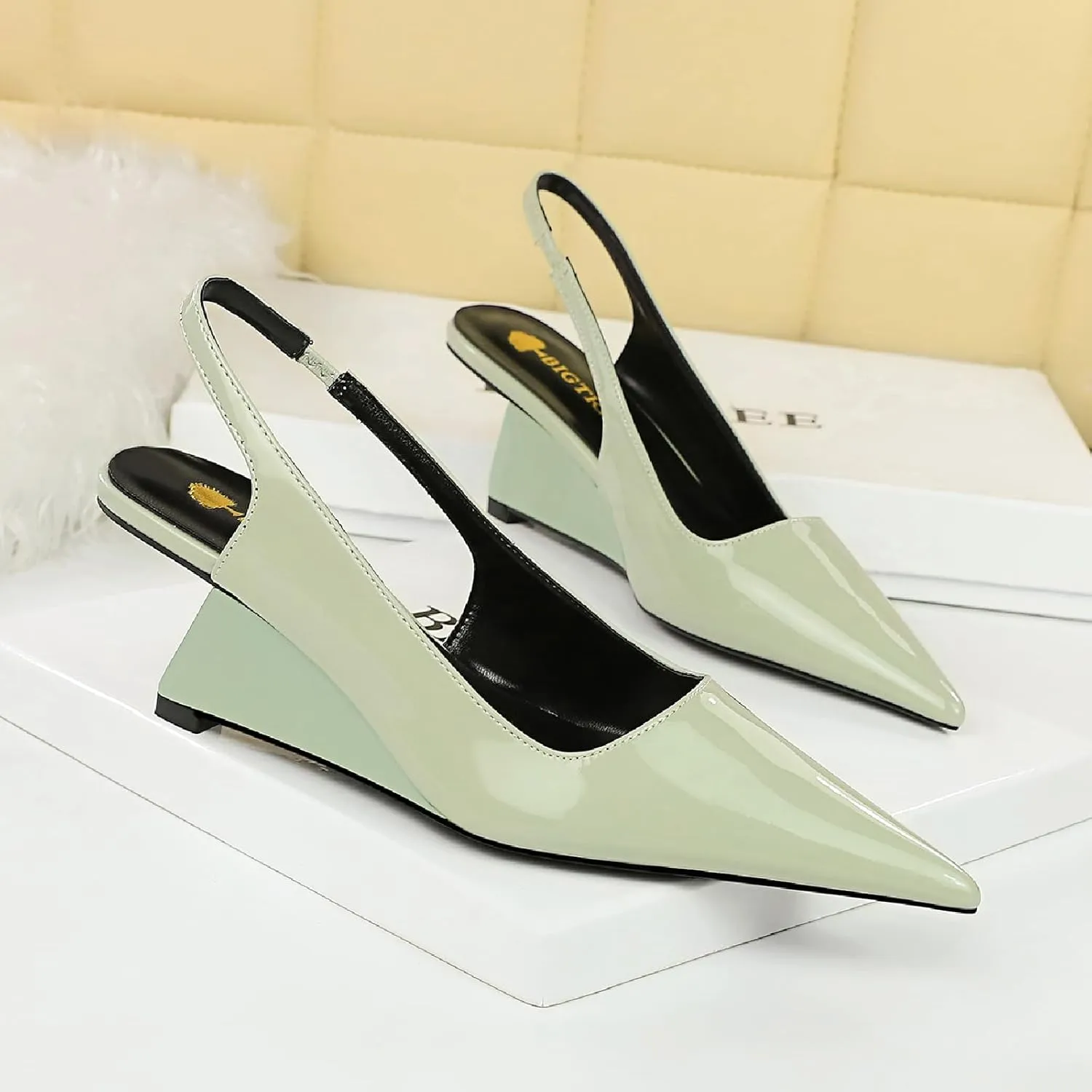 Women's Patent Leather Slingback Wedge Pumps Fashion Closed Pointed Toe Slip-on Elegant High Heels for Party Date Wedding Dressy Shoes