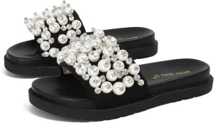 Women's Pearl Platform Sandals Open Toe Slip-On Flatform Cute Slide Sandals for Casual Summer Beach with Soft Cushioned Footbed