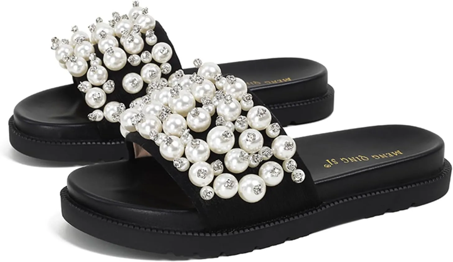 Women's Pearl Platform Sandals Open Toe Slip-On Flatform Cute Slide Sandals for Casual Summer Beach with Soft Cushioned Footbed