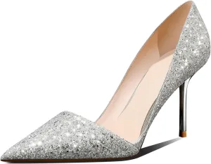 Women's Pointed Toe High Heels Sparkly Stiletto Pumps Slip On Heels Dressy Wedding Evening Party Pumps Shoes