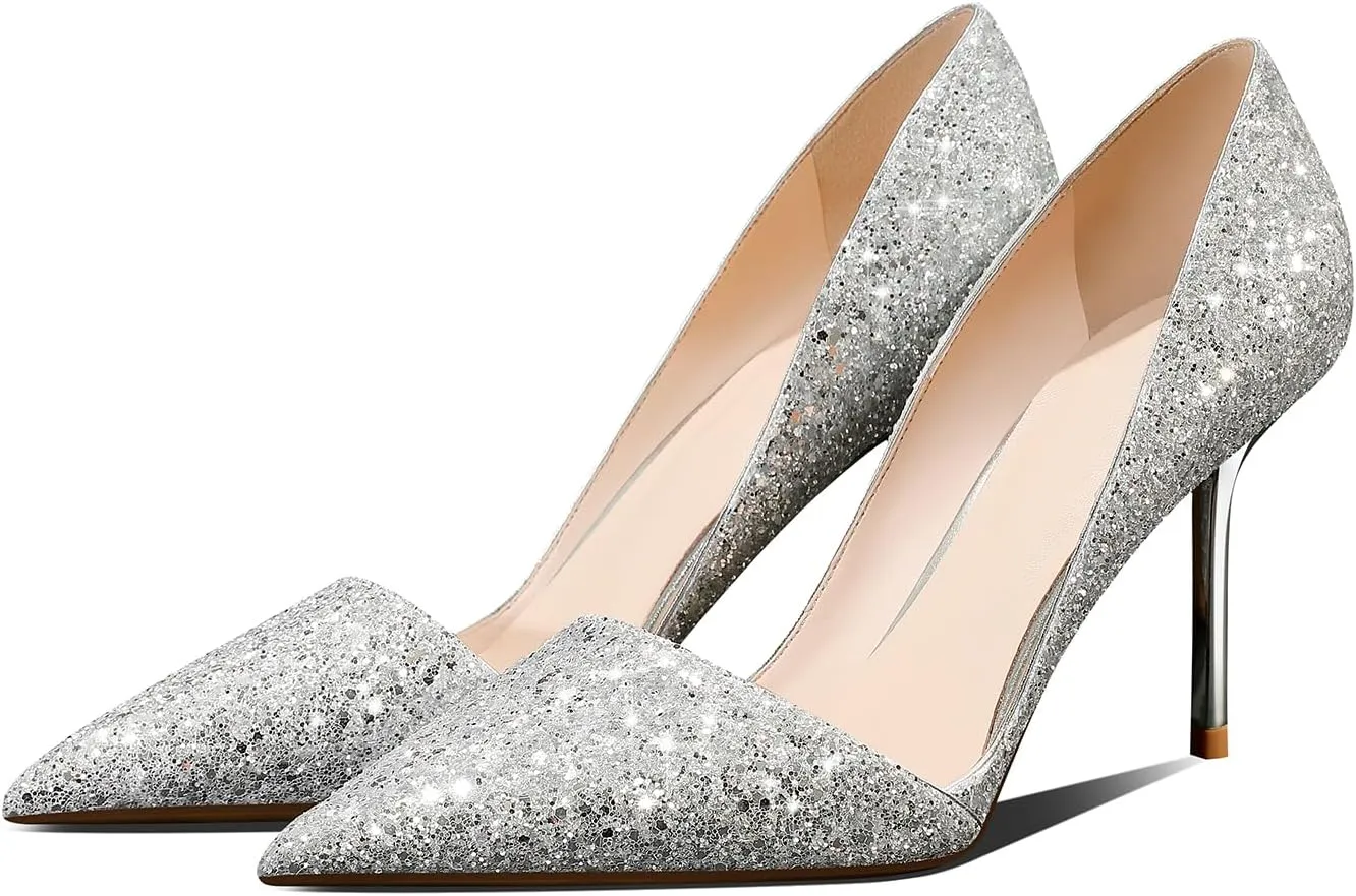 Women's Pointed Toe High Heels Sparkly Stiletto Pumps Slip On Heels Dressy Wedding Evening Party Pumps Shoes