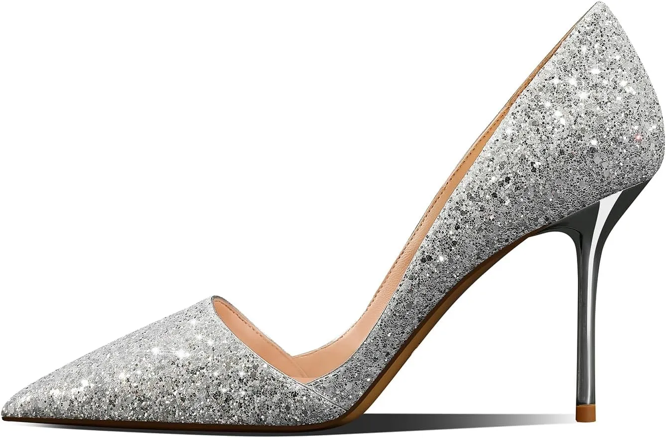 Women's Pointed Toe High Heels Sparkly Stiletto Pumps Slip On Heels Dressy Wedding Evening Party Pumps Shoes