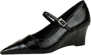 Women's Printed Leather Mary Janes Wedge Pumps with Adjustable Ankle Buckle Splice Retro Comfortable Closed Pointed Toe Dress Shoes for Party Date Wedding