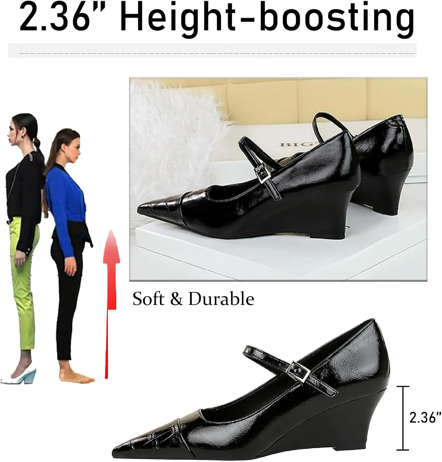 Women's Printed Leather Mary Janes Wedge Pumps with Adjustable Ankle Buckle Splice Retro Comfortable Closed Pointed Toe Dress Shoes for Party Date Wedding