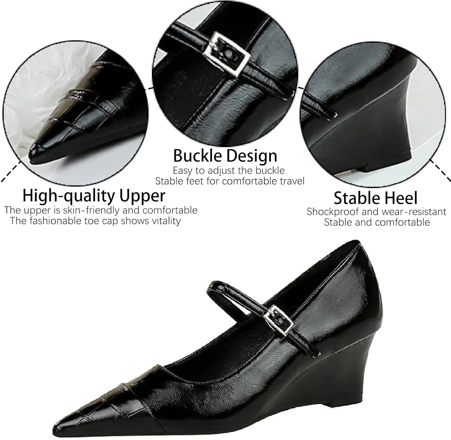 Women's Printed Leather Mary Janes Wedge Pumps with Adjustable Ankle Buckle Splice Retro Comfortable Closed Pointed Toe Dress Shoes for Party Date Wedding