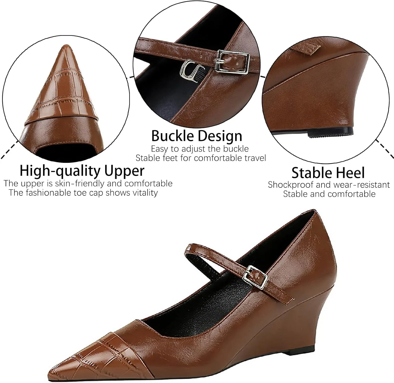 Women's Printed Leather Mary Janes Wedge Pumps with Adjustable Ankle Buckle Splice Retro Comfortable Closed Pointed Toe Dress Shoes for Party Date Wedding