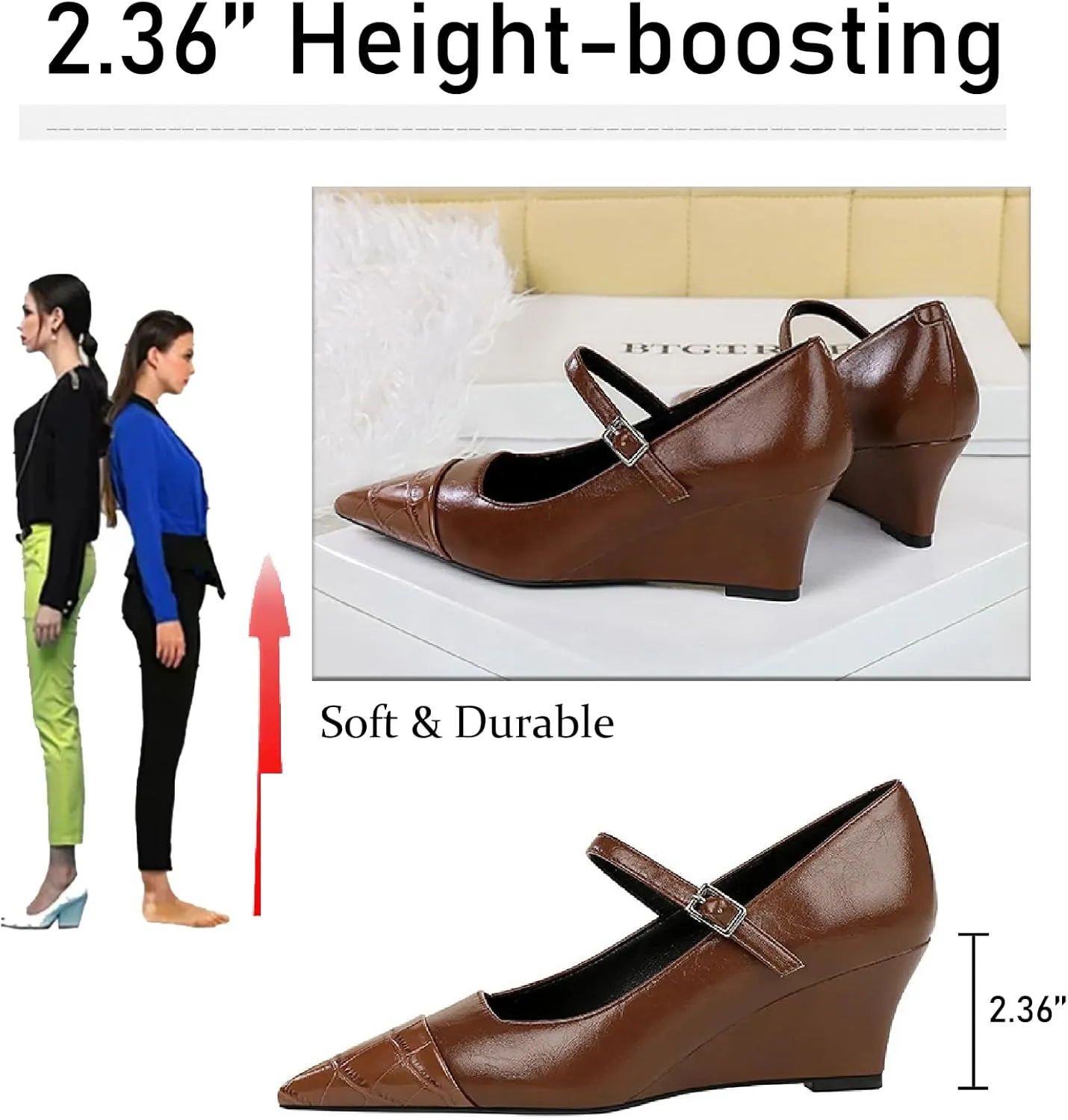 Women's Printed Leather Mary Janes Wedge Pumps with Adjustable Ankle Buckle Splice Retro Comfortable Closed Pointed Toe Dress Shoes for Party Date Wedding