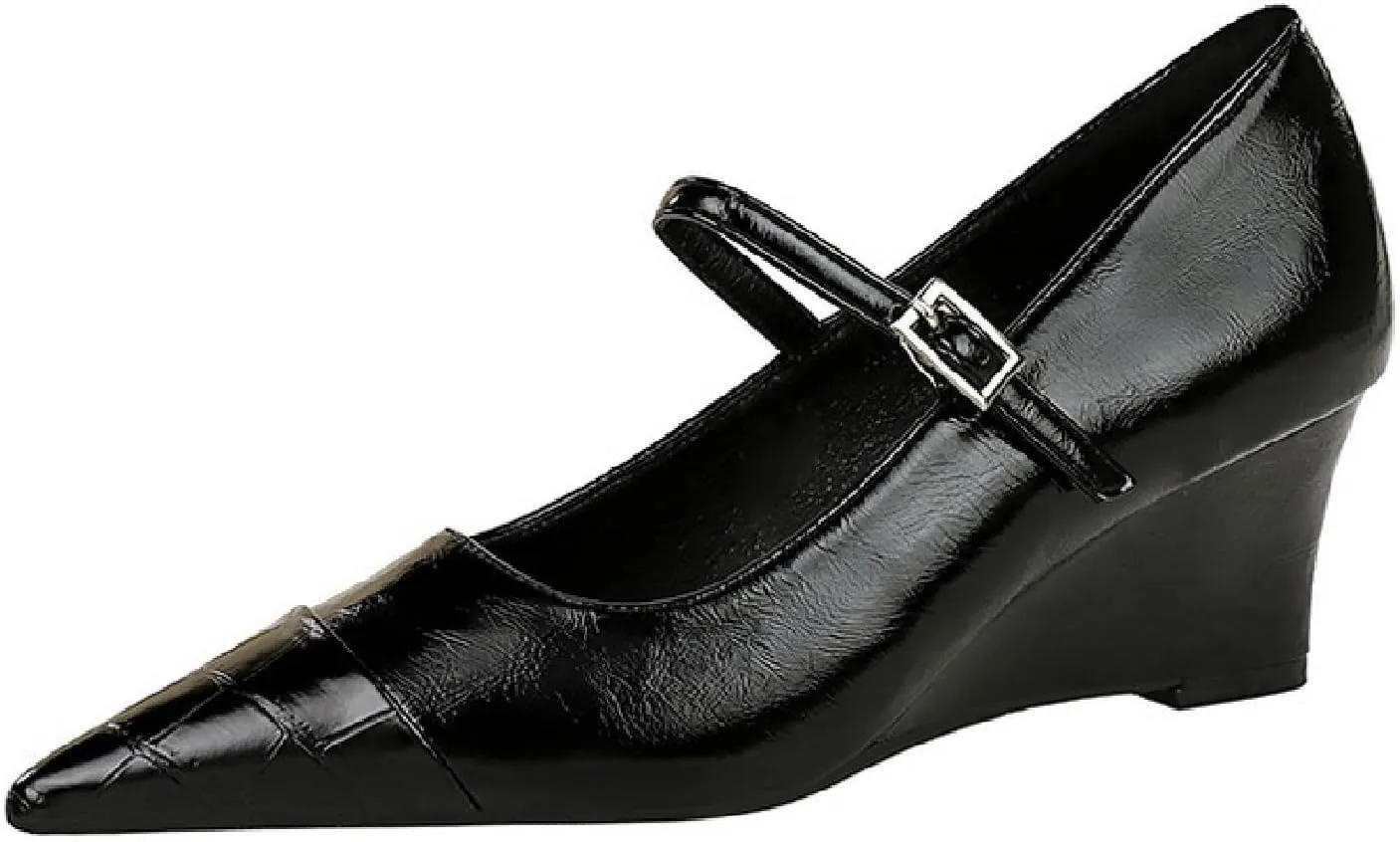 Women's Printed Leather Mary Janes Wedge Pumps with Adjustable Ankle Buckle Splice Retro Comfortable Closed Pointed Toe Dress Shoes for Party Date Wedding