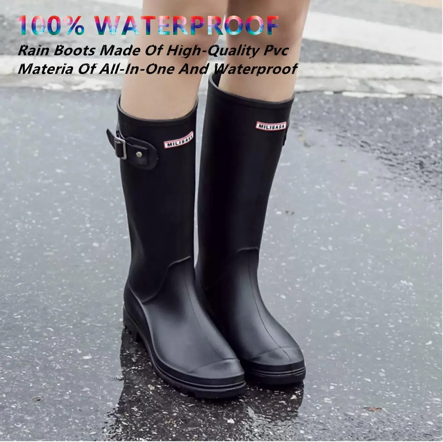 Womens Rain Boots Rubber Knee-high Waterproof,Narrow Calf Comfort Water Boots Anti-slip Soft Thick Sole Lightweight Tall Fishing Shoe for Garden Outdoor Work