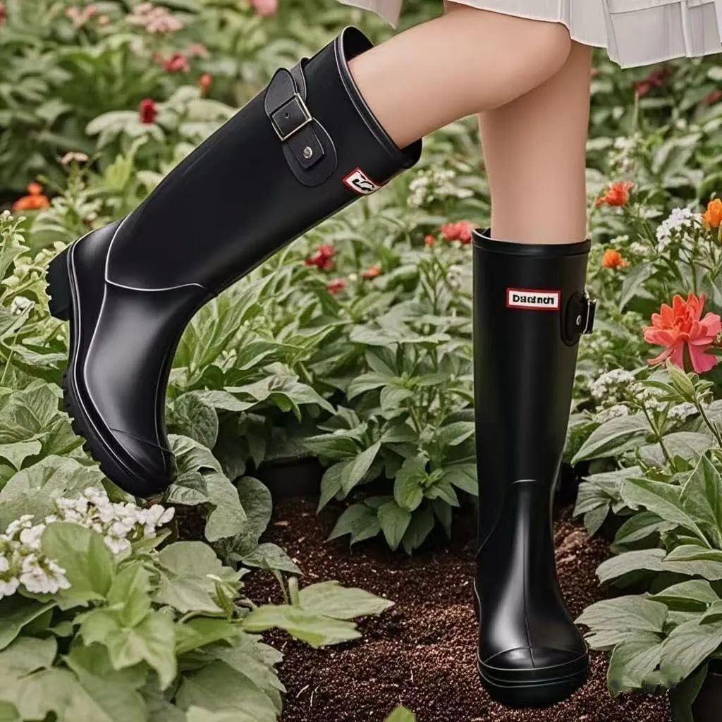 Womens Rain Boots Rubber Knee-high Waterproof,Narrow Calf Comfort Water Boots Anti-slip Soft Thick Sole Lightweight Tall Fishing Shoe for Garden Outdoor Work