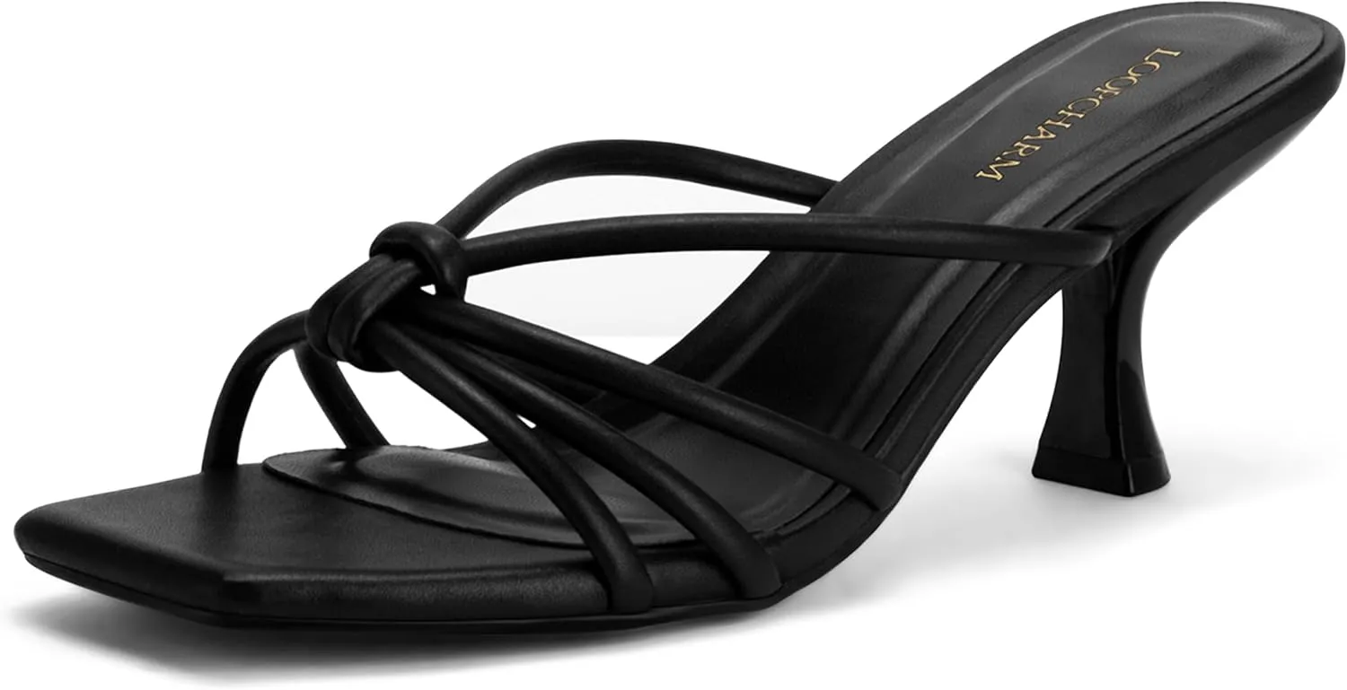 Women's Strappy Square Open Toe Kitten Heels Sandals Knotted Design Summer Fashion Slip On Mule Style