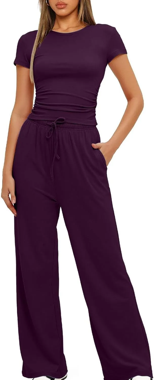 Women's Summer 2 Piece Outfits 2024 Sexy Ruched Slim Fit Short Sleeve Shirt Crop Top Wide Leg Pant Matching Sets