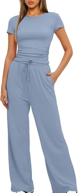 Women's Summer 2 Piece Outfits 2024 Sexy Ruched Slim Fit Short Sleeve Shirt Crop Top Wide Leg Pant Matching Sets