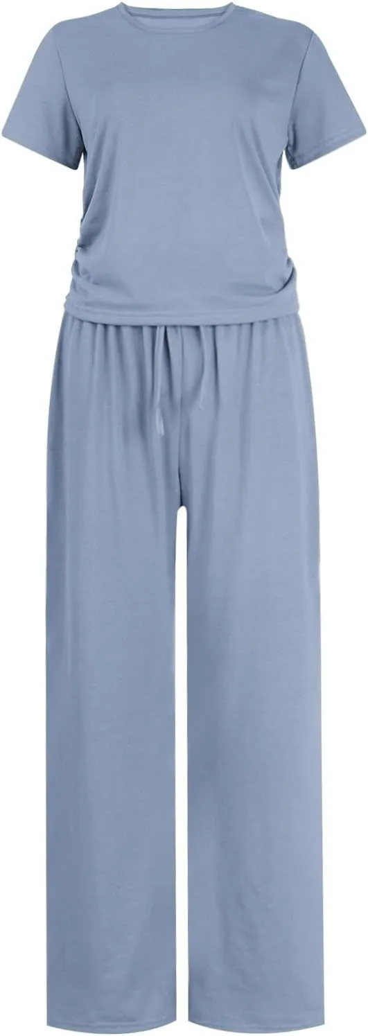 Women's Summer 2 Piece Outfits 2024 Sexy Ruched Slim Fit Short Sleeve Shirt Crop Top Wide Leg Pant Matching Sets