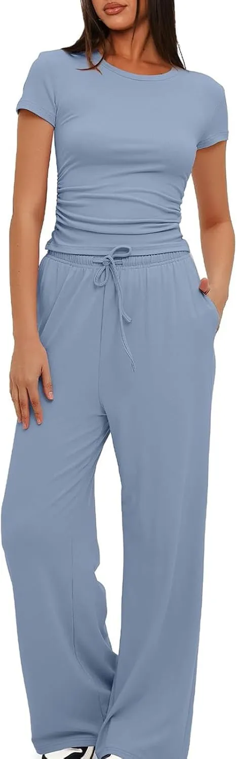 Women's Summer 2 Piece Outfits 2024 Sexy Ruched Slim Fit Short Sleeve Shirt Crop Top Wide Leg Pant Matching Sets