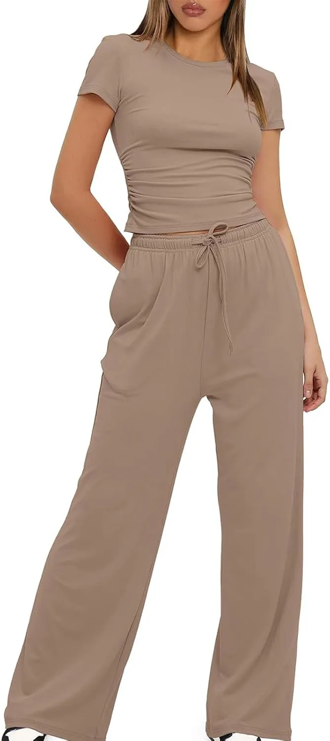 Women's Summer 2 Piece Outfits 2024 Sexy Ruched Slim Fit Short Sleeve Shirt Crop Top Wide Leg Pant Matching Sets
