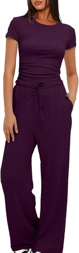 Women's Summer 2 Piece Outfits 2024 Sexy Ruched Slim Fit Short Sleeve Shirt Crop Top Wide Leg Pant Matching Sets