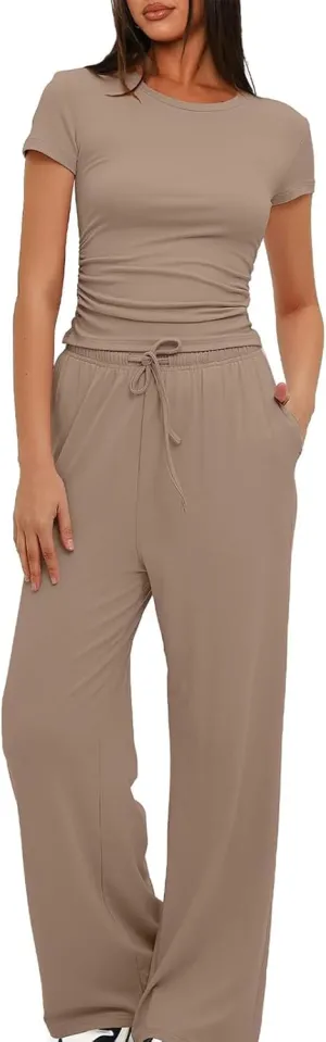 Women's Summer 2 Piece Outfits 2024 Sexy Ruched Slim Fit Short Sleeve Shirt Crop Top Wide Leg Pant Matching Sets