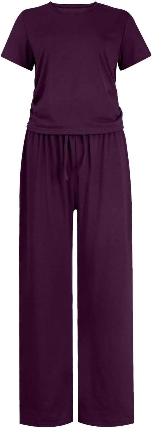 Women's Summer 2 Piece Outfits 2024 Sexy Ruched Slim Fit Short Sleeve Shirt Crop Top Wide Leg Pant Matching Sets