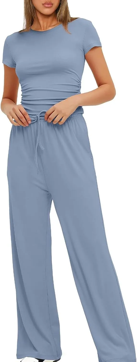 Women's Summer 2 Piece Outfits 2024 Sexy Ruched Slim Fit Short Sleeve Shirt Crop Top Wide Leg Pant Matching Sets
