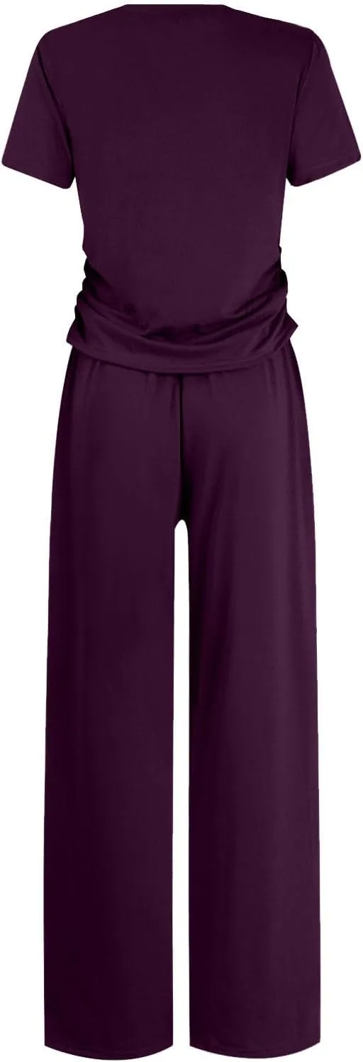 Women's Summer 2 Piece Outfits 2024 Sexy Ruched Slim Fit Short Sleeve Shirt Crop Top Wide Leg Pant Matching Sets
