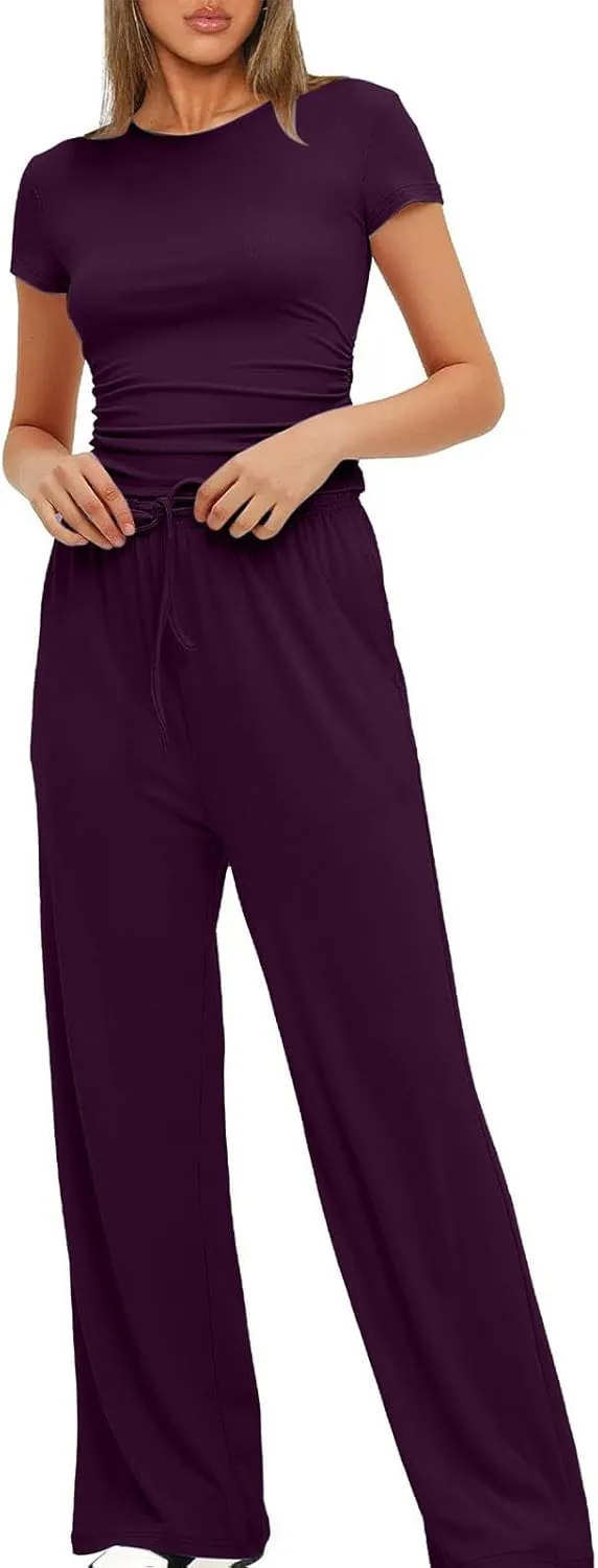 Women's Summer 2 Piece Outfits 2024 Sexy Ruched Slim Fit Short Sleeve Shirt Crop Top Wide Leg Pant Matching Sets