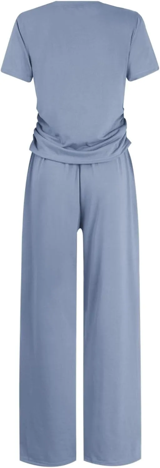 Women's Summer 2 Piece Outfits 2024 Sexy Ruched Slim Fit Short Sleeve Shirt Crop Top Wide Leg Pant Matching Sets
