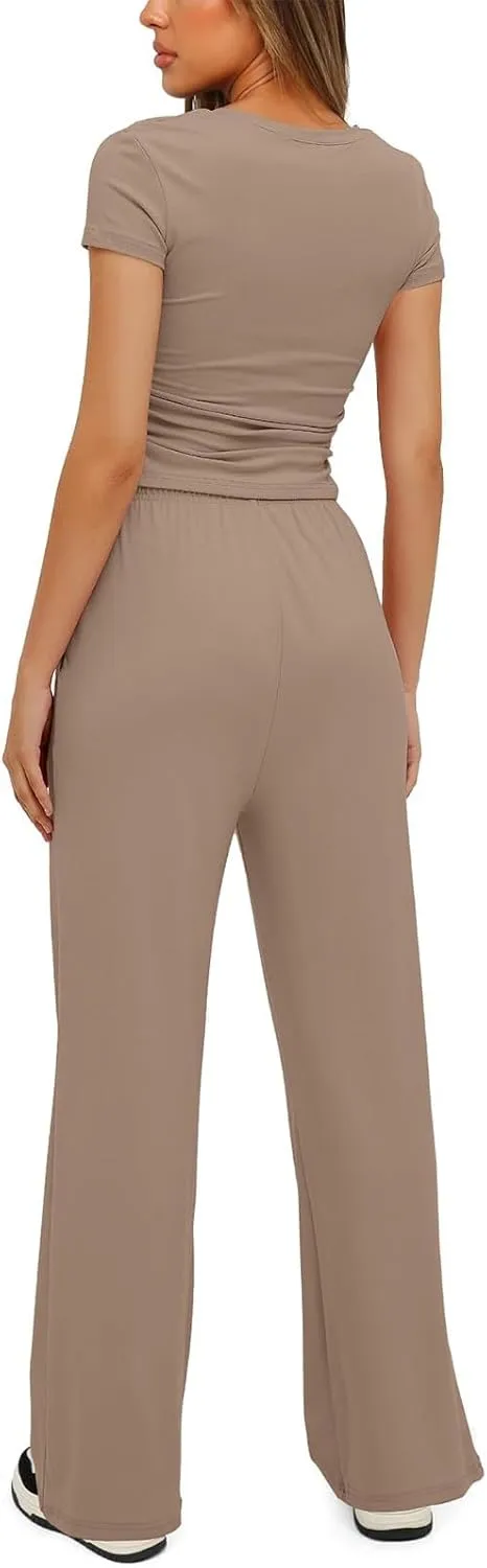 Women's Summer 2 Piece Outfits 2024 Sexy Ruched Slim Fit Short Sleeve Shirt Crop Top Wide Leg Pant Matching Sets