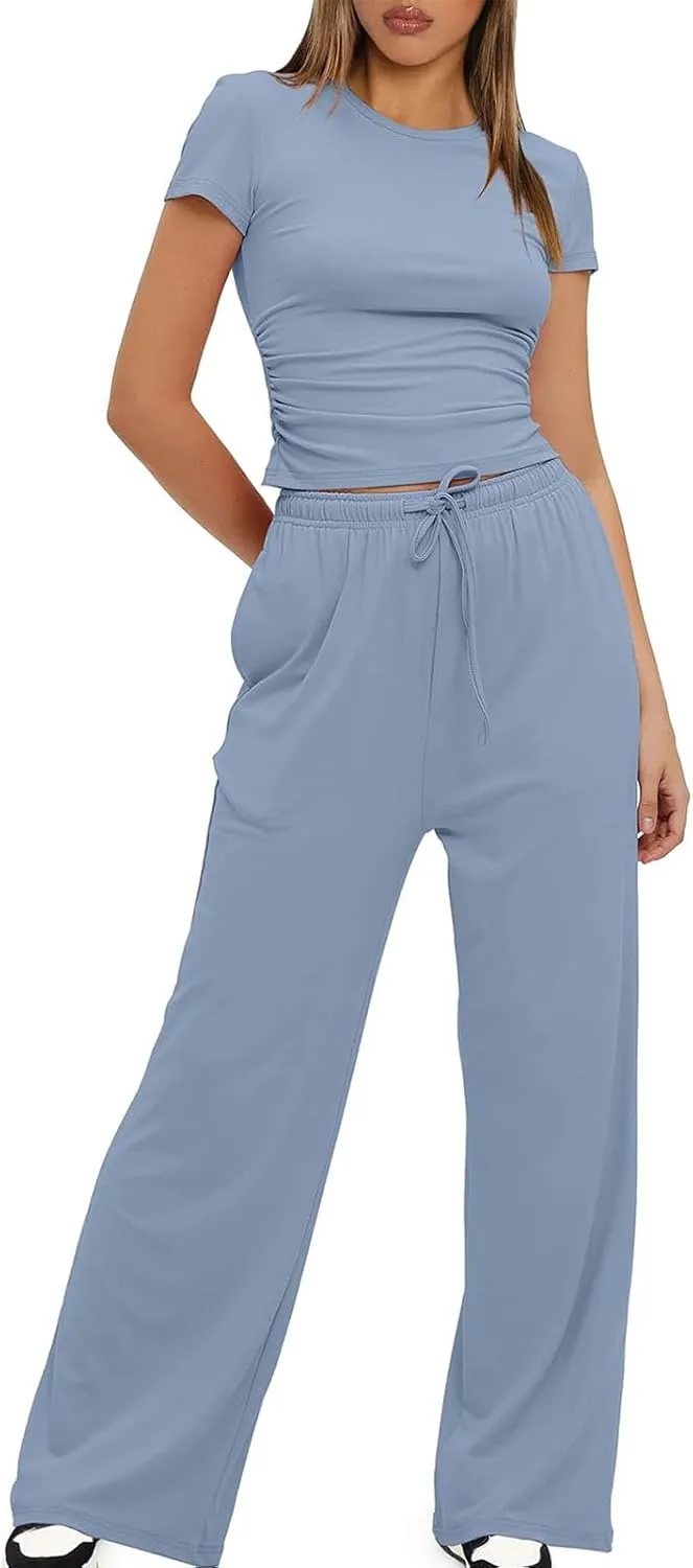 Women's Summer 2 Piece Outfits 2024 Sexy Ruched Slim Fit Short Sleeve Shirt Crop Top Wide Leg Pant Matching Sets