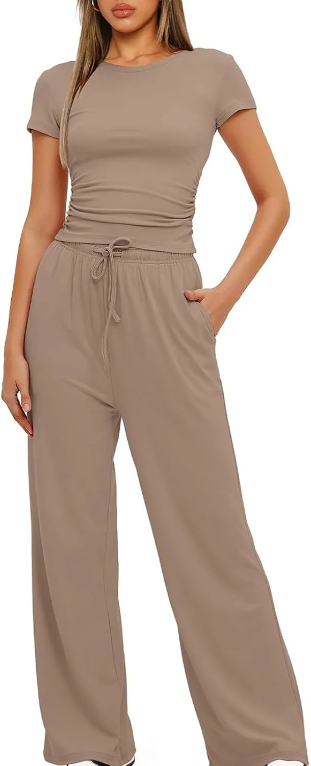 Women's Summer 2 Piece Outfits 2024 Sexy Ruched Slim Fit Short Sleeve Shirt Crop Top Wide Leg Pant Matching Sets