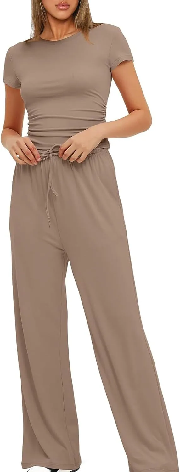 Women's Summer 2 Piece Outfits 2024 Sexy Ruched Slim Fit Short Sleeve Shirt Crop Top Wide Leg Pant Matching Sets